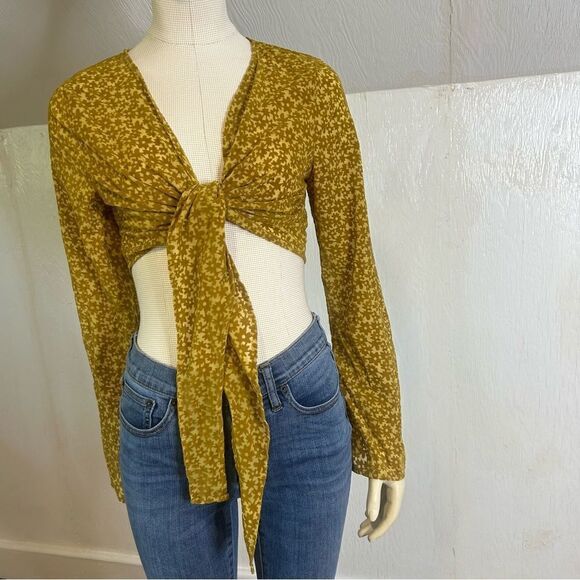 2/$30 Wild Fable Bell Long Sleeve Tie-Front Blouse Mustard Yellow Floral - Picture 4 of 11